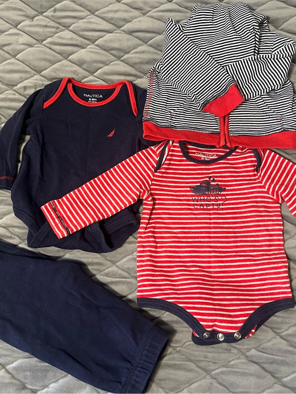 Nautica Boy’s 2 Red & Navy Striped  Bodysuit with hoodie and pants 6-9 months.